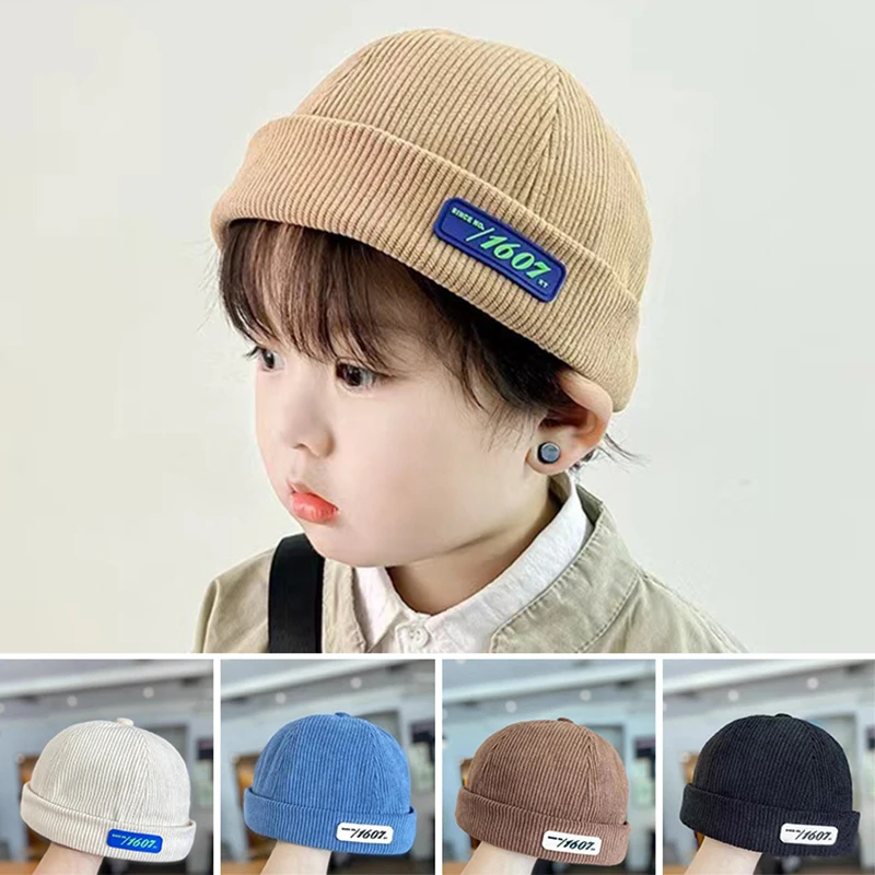 

Autumn Corduroy Kids Landlord Hat Solid Color Baby Dome Brimless Hats 1-3year Boys Girls Melon Cap Children Letter Beanie Bonnet