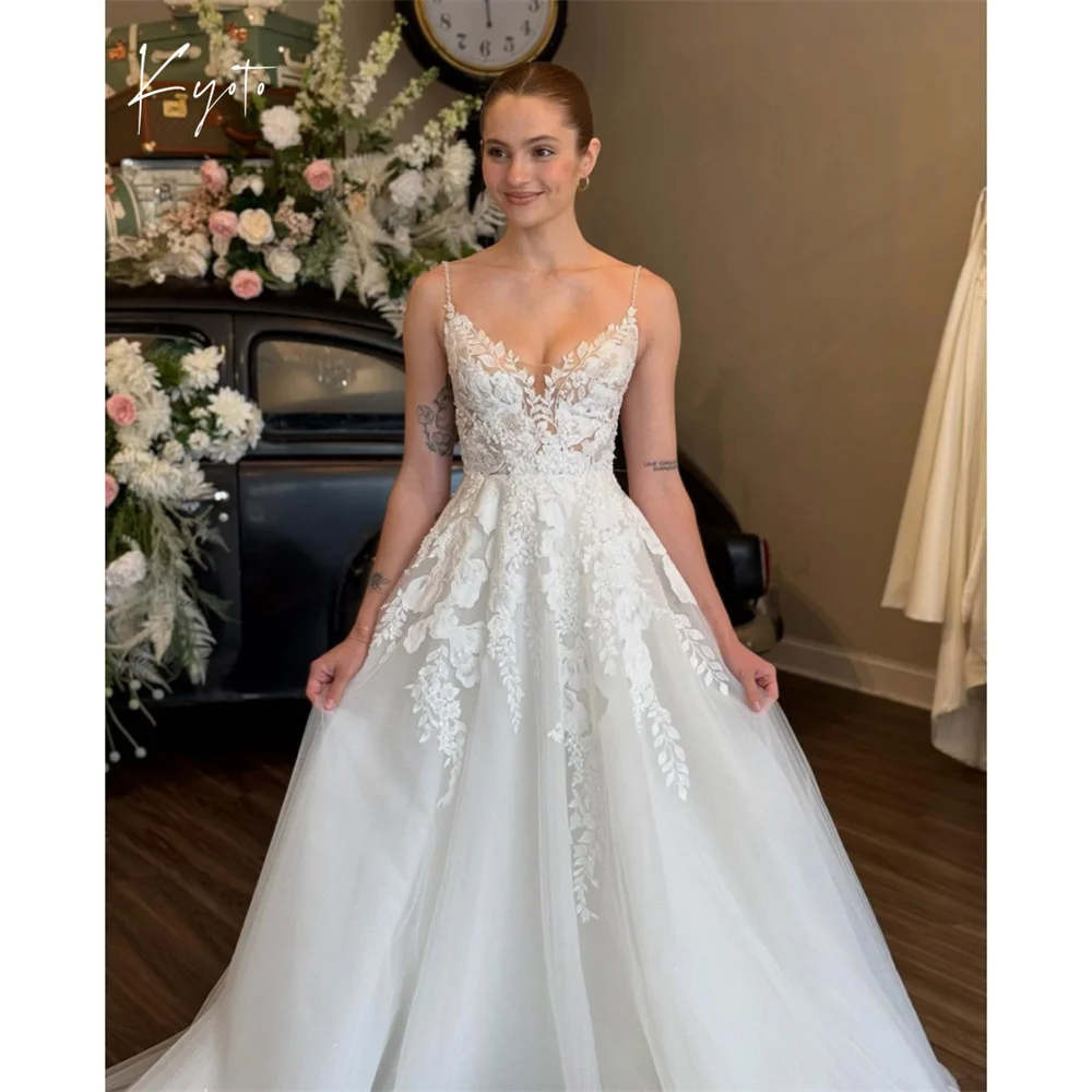 

Kyoto Customized White Lace Flowers A-Line Wedding Dress Spaghetti Straps V-Neck vestidos de novia Corset Sweep Train Formal2025