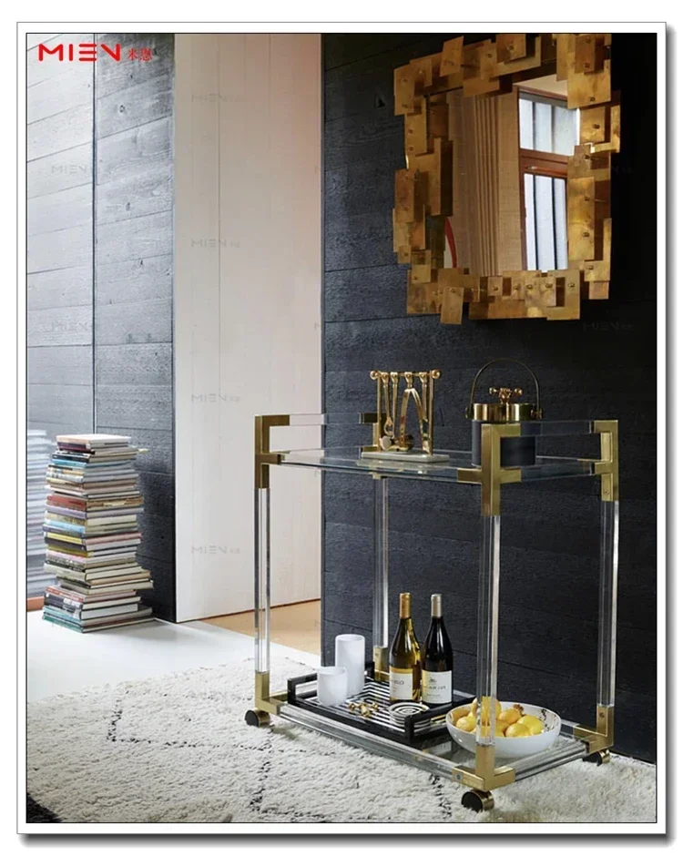 عربة طعام فاخرة خفيفة من الأكريليك بتصميم شفاف وعربة زجاجية عضوية مع فرامل