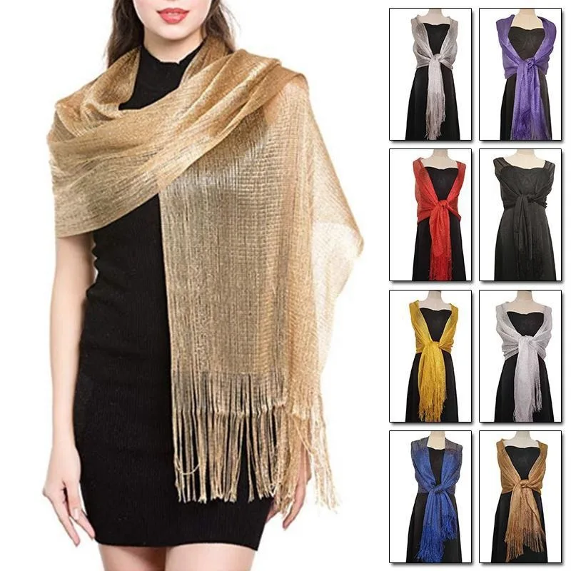 

Elegant Evening Dresses Shawls Female Golden Silvery Wire Tassels Bridal Bridesmaid Party Wedding Temperament Accessories Scarf