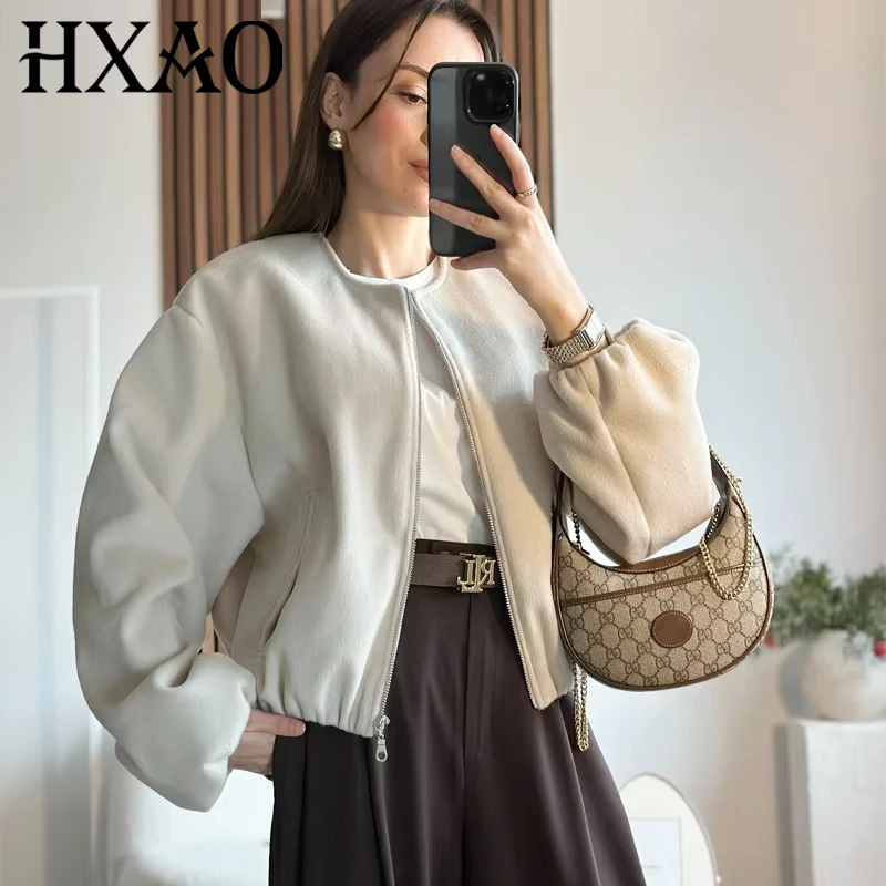 

HXAO женская куртка-бомбер в стиле ретро с круглым вырезом, мягкая укороченная куртка с эластичным подолом на молнии, женские короткие пальто, весна 2024, женская верхняя одежда