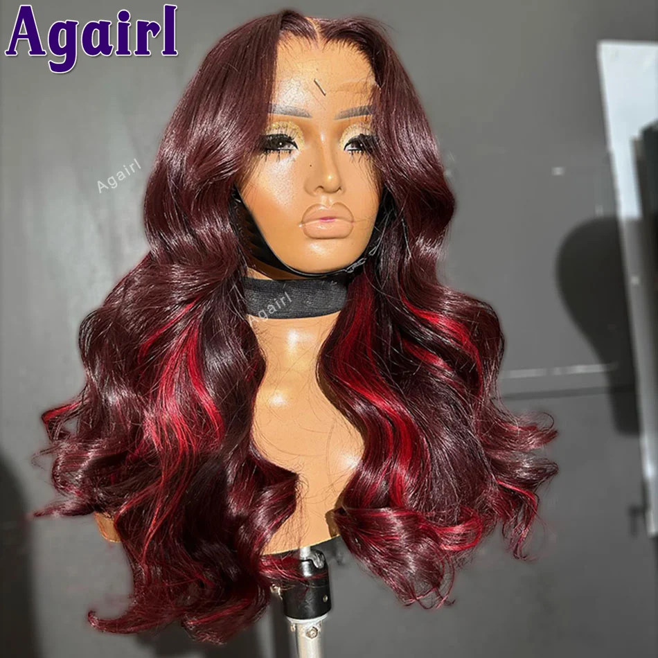 

13X6 Highlight Red With 99J Lace Frontal Human Hair Wigs 200% 13X4 Ready Go Body Wave Lace Front Wigs PrePlucked For Black Women