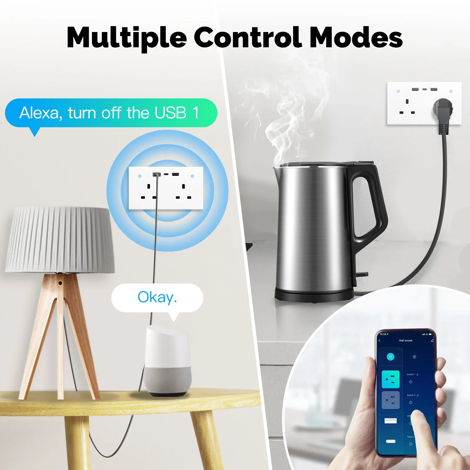 MOES Tuya WiFi Smart Wall Socket UK Outlet 13A Touch Switch USB Type-C Charging Ports Remote Energy Monitoring Work With Alexa