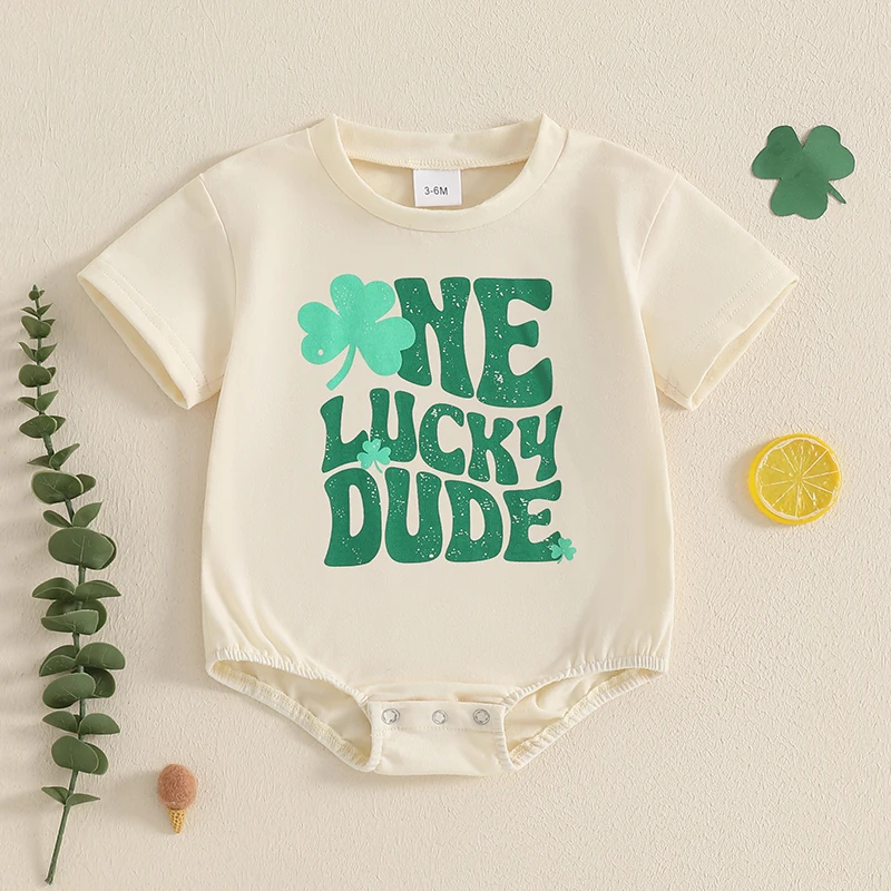

2024-12-09 Lioraitiin Newborn Baby Boy Lucky Dude St Patrick's Day Romper Infant Irish Clothes Short Sleeve Top Jumpsuit
