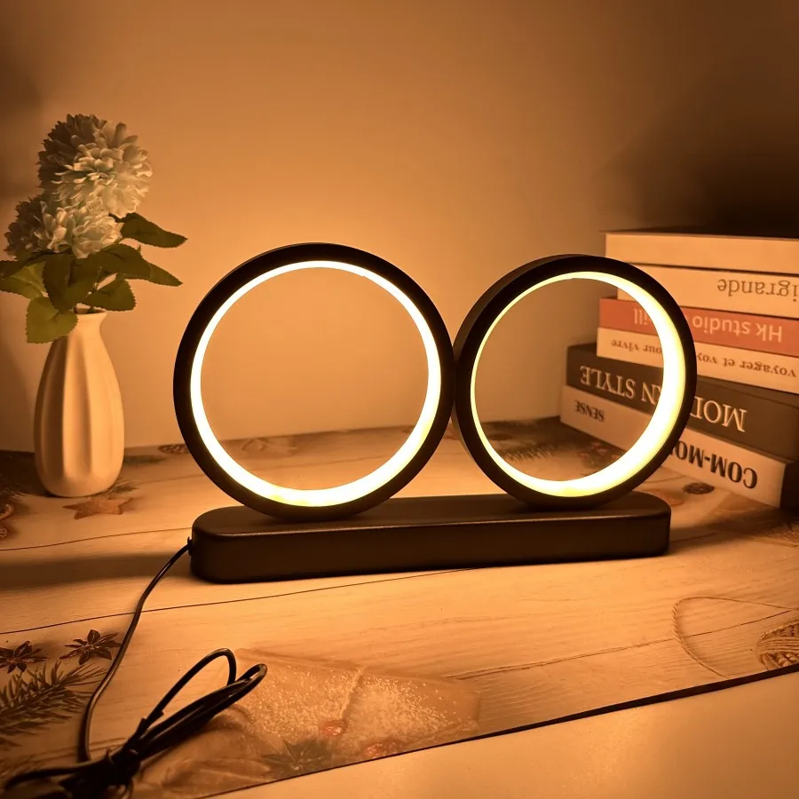 1PC Three-color Key Dimming Aluminum Double Circle Living Room Desktop Lamp