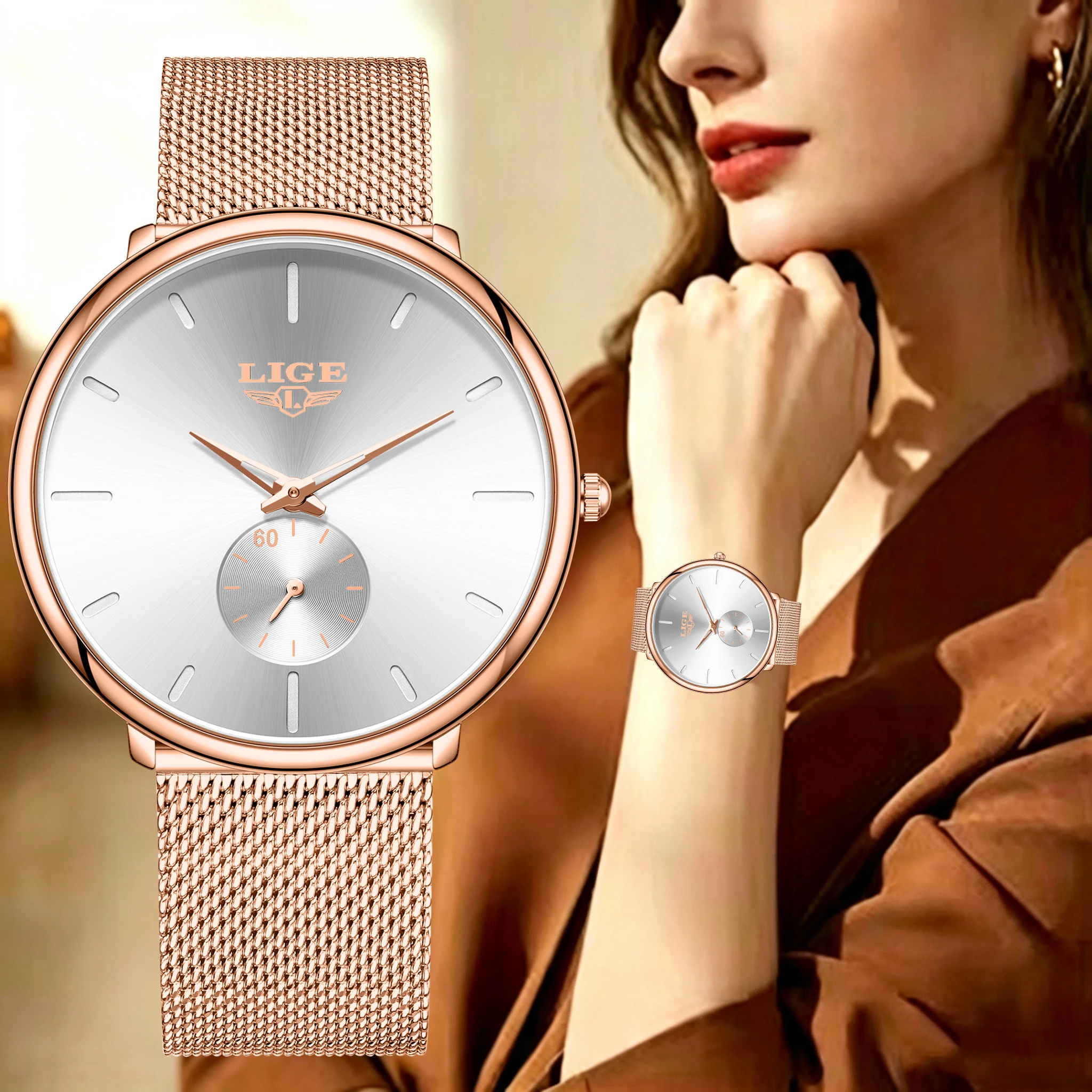 LIGE Women Watch Fashion Rose Gold Ultra Thin Mesh Quartz Wristwatch Ladies Elegant Waterproof Bracelet Watches Gift For Women