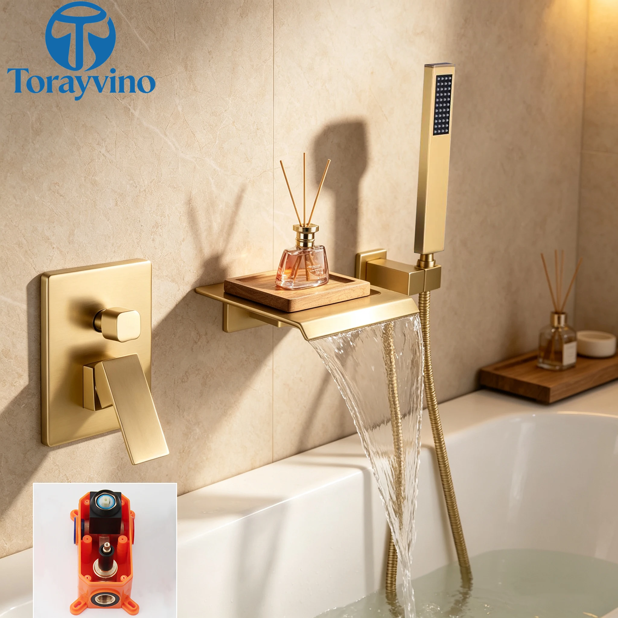 Torayvino Luxury Bathroom Gold Waterfall Bathtub Shower Faucet Set Tub Wall Mounted Sink Faucets Shower Systerm Bath Mixer Tap