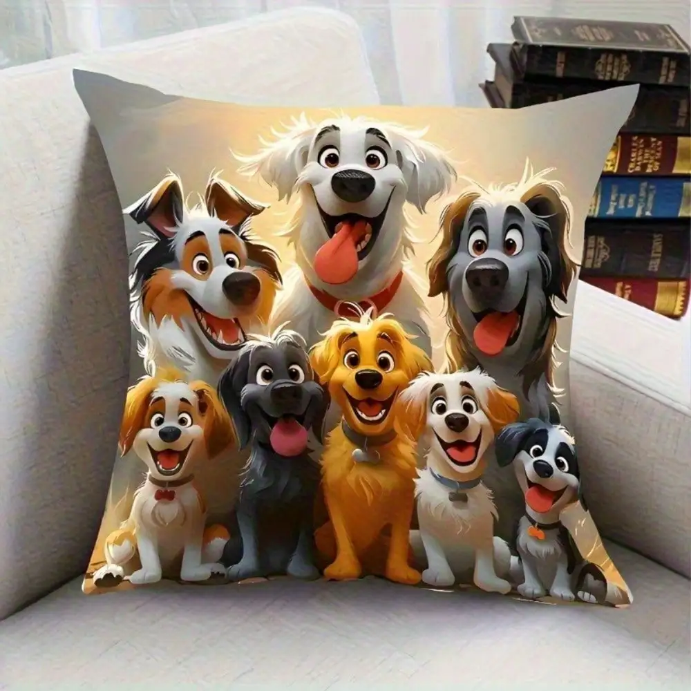 

[Cartoon Dog Pillow Cover] 1pc Dual-Sided Cartoon Dog Print Plush Pillow Cover 17.7x17.7 Inch, Soft Geometric Pattern Home Decor