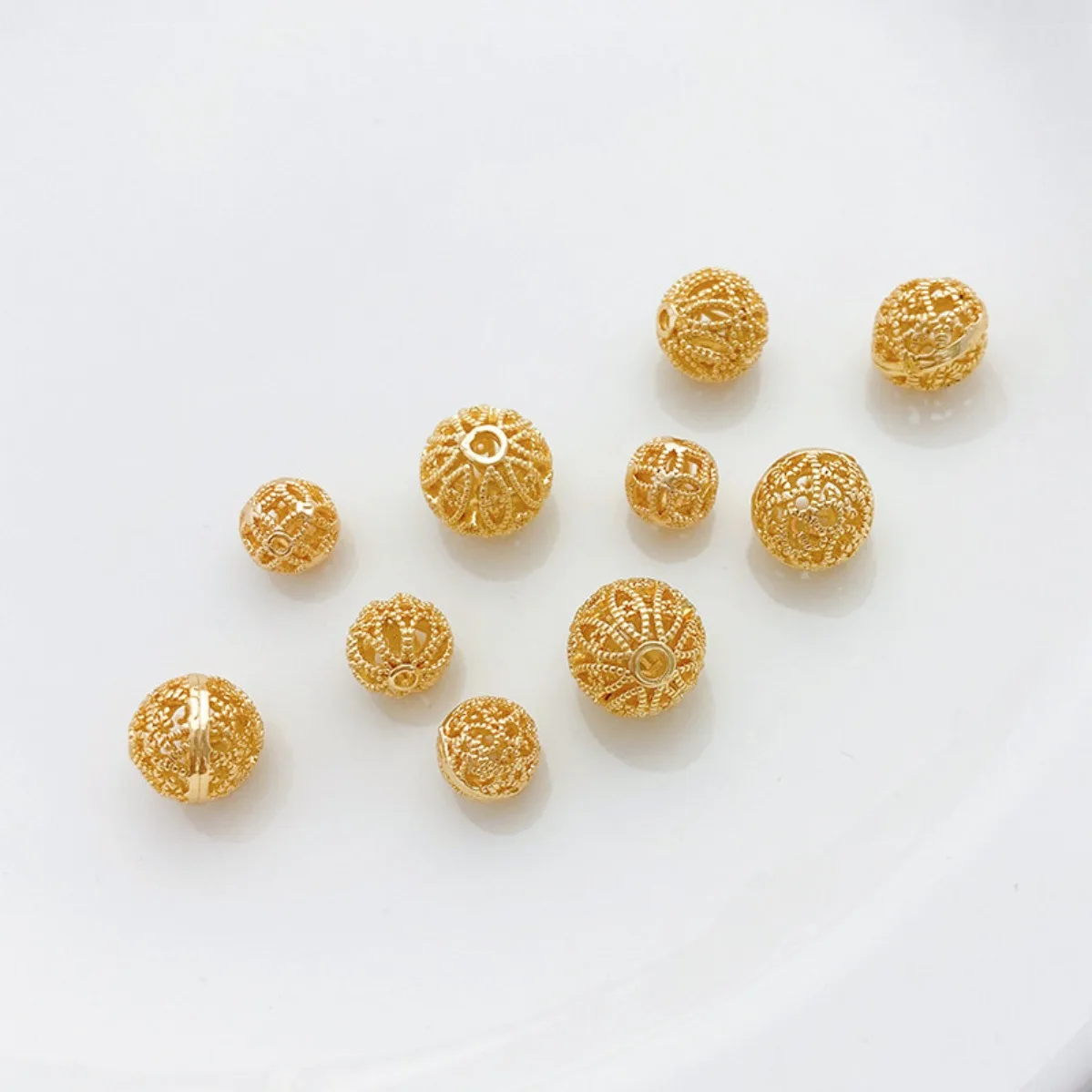 14K Gold Plated Color Retention Hollow Coin Pattern Carved Round Spacer Beads DIY Bracelet Necklace Jewelry Findings
