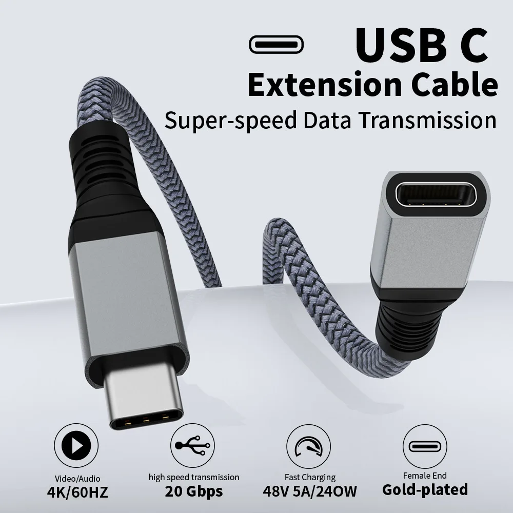 USB 3.2 Gen2 Extension Cable USB C 20Gbps Extend Cable Male to Female Type C Extender Fast Charging Cable Cord for MacBook Pro