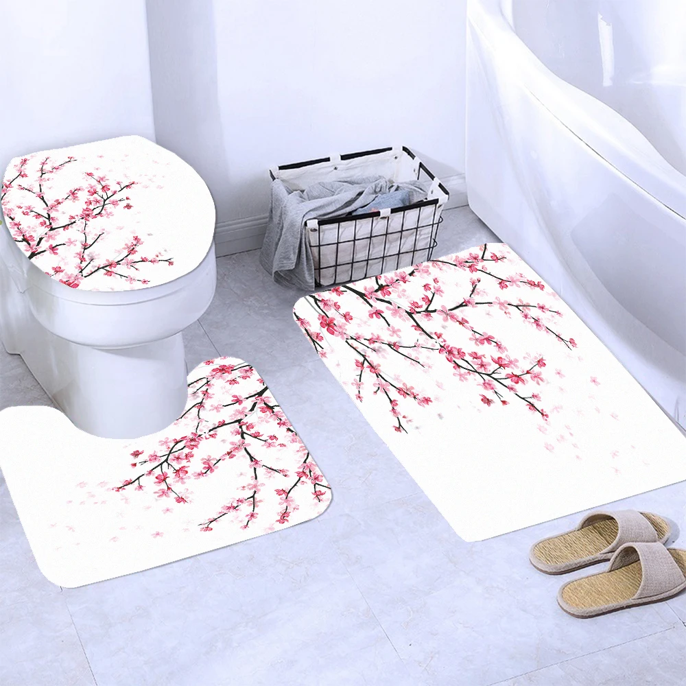 Cherry Blossoms Flowers Print Fabric Shower Curtain Bathroom Curtain Set Anti-slip Rugs Toilet Lid Cover Bath Mat Bathroom Decor