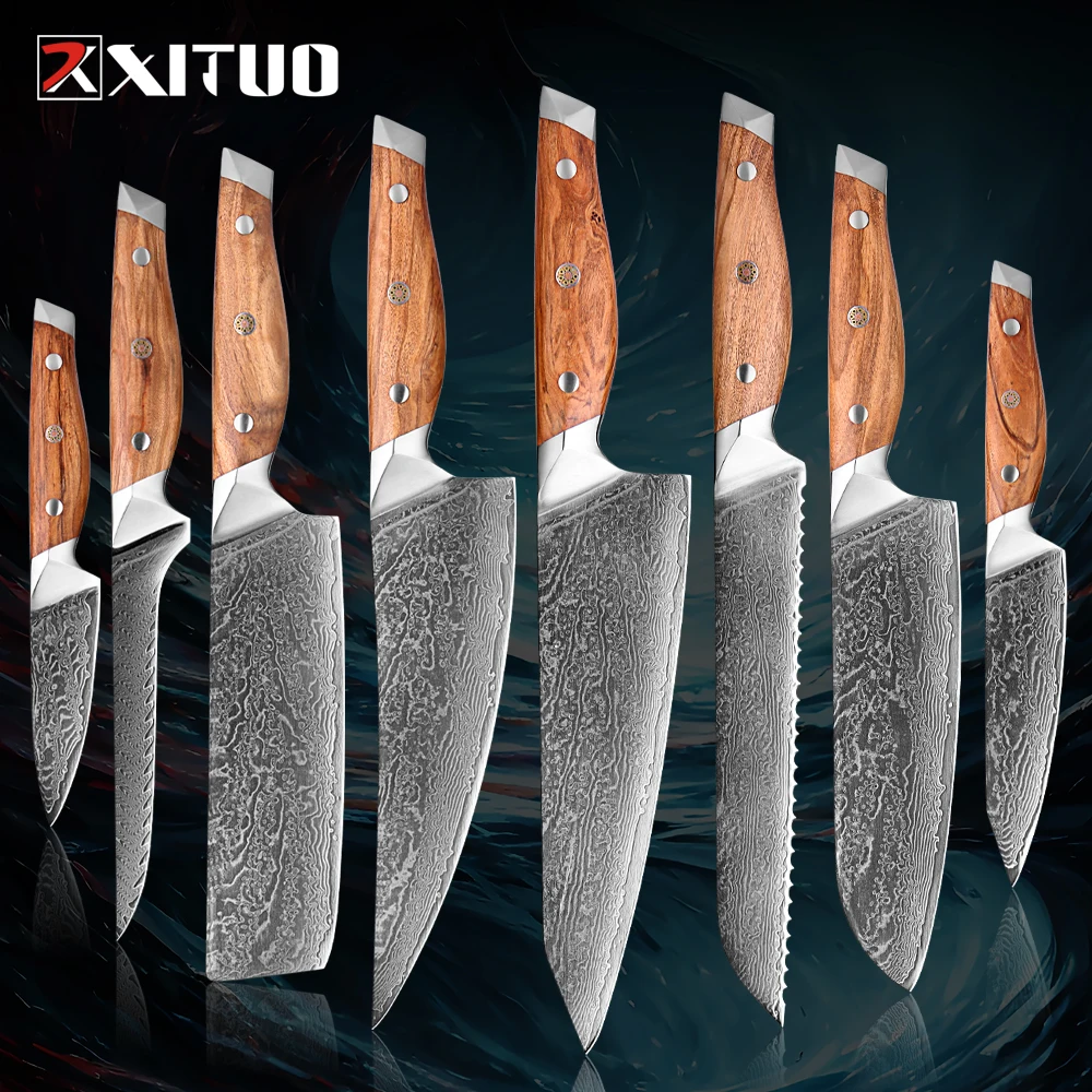 

Professional Kitchen Knives Set 1-8pcs Chef Knife Damascus Steel Sharp Cooking Chef Knife, Cleaver,Santoku,Bread, Boning & More