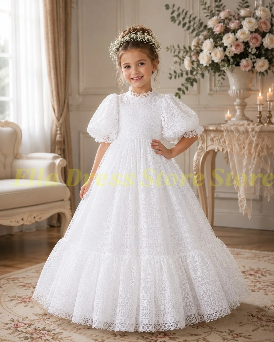 Weißes Spitzen-Blumenmädchenkleid mit halben Ärmeln für Hochzeiten, Puffärmel, Prinzessinnen-Stil, Festzug, Geburtstag, hoher Kragen, Großhandel, individuell anpassbar – Detail 3