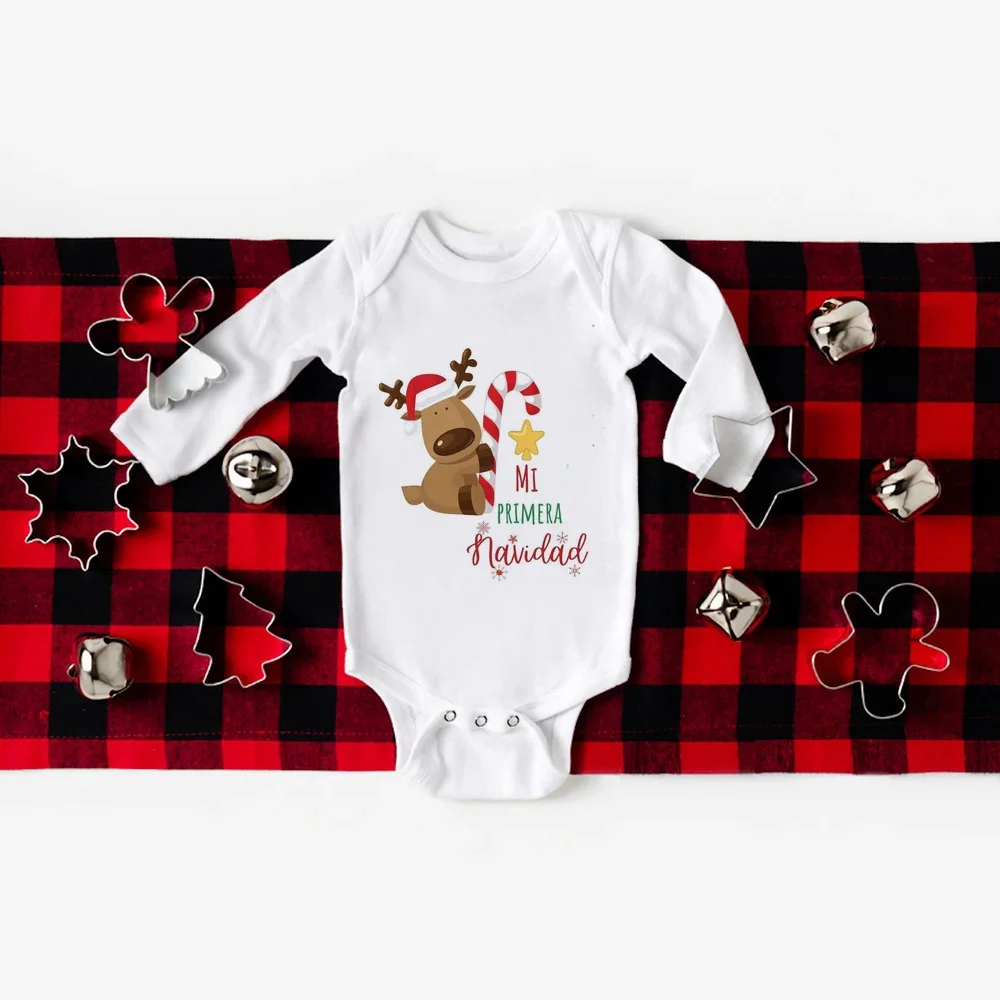 My First Christmas Spanish Print Newborn Baby Long Sleeve Romper Infant Holiday Outfit Infant Baptism Bodysuit Clothes Xmas Gift