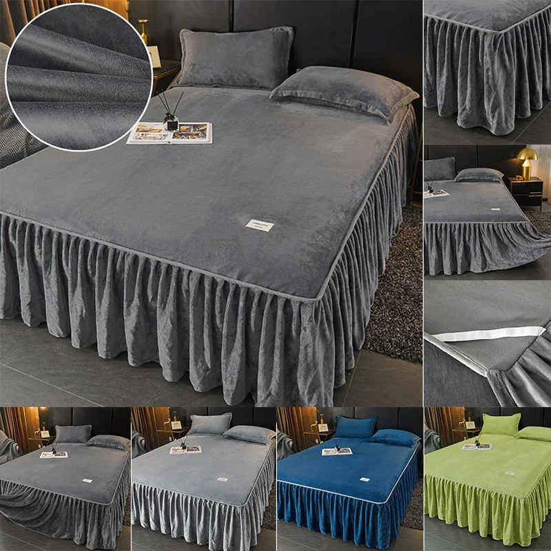 Solid Color Bed Skirt Velvet Bed Cover for Winter Skin-friendly Mattress Protectors roupa de cama Home Bedspread (No Pillowcase)