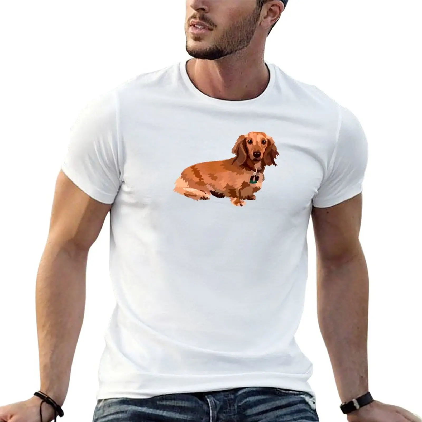 Long haired dachshund T-Shirt Classic Crew Neck Cotton T-Shirt