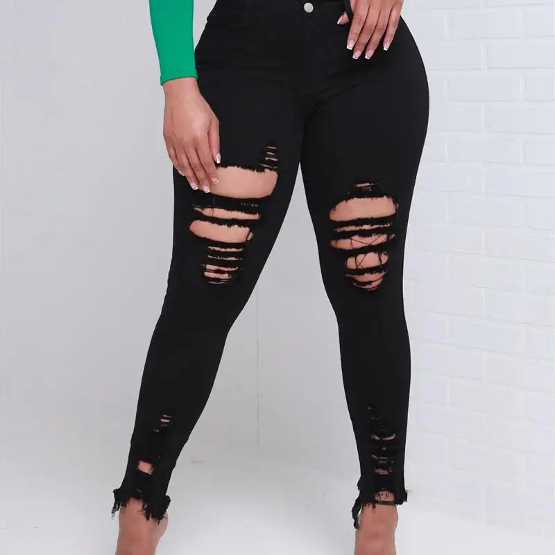 

Длинные узкие джинсы Street Sle, эластичные эластичные джинсовые брюки, модный дизайн с дырочками, цвет Bla, длина пять четвертей