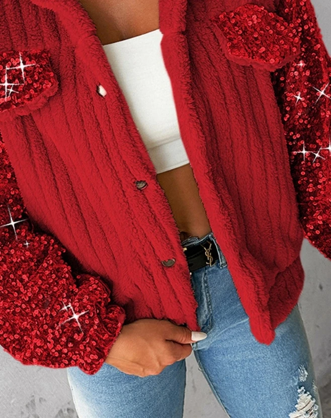 Women's Urban Thick Short Coat 2025 Autumn winter Latest Turn down Collar Sequin Patch Teddy Jacket Cardigan Pocket Long Sleeve