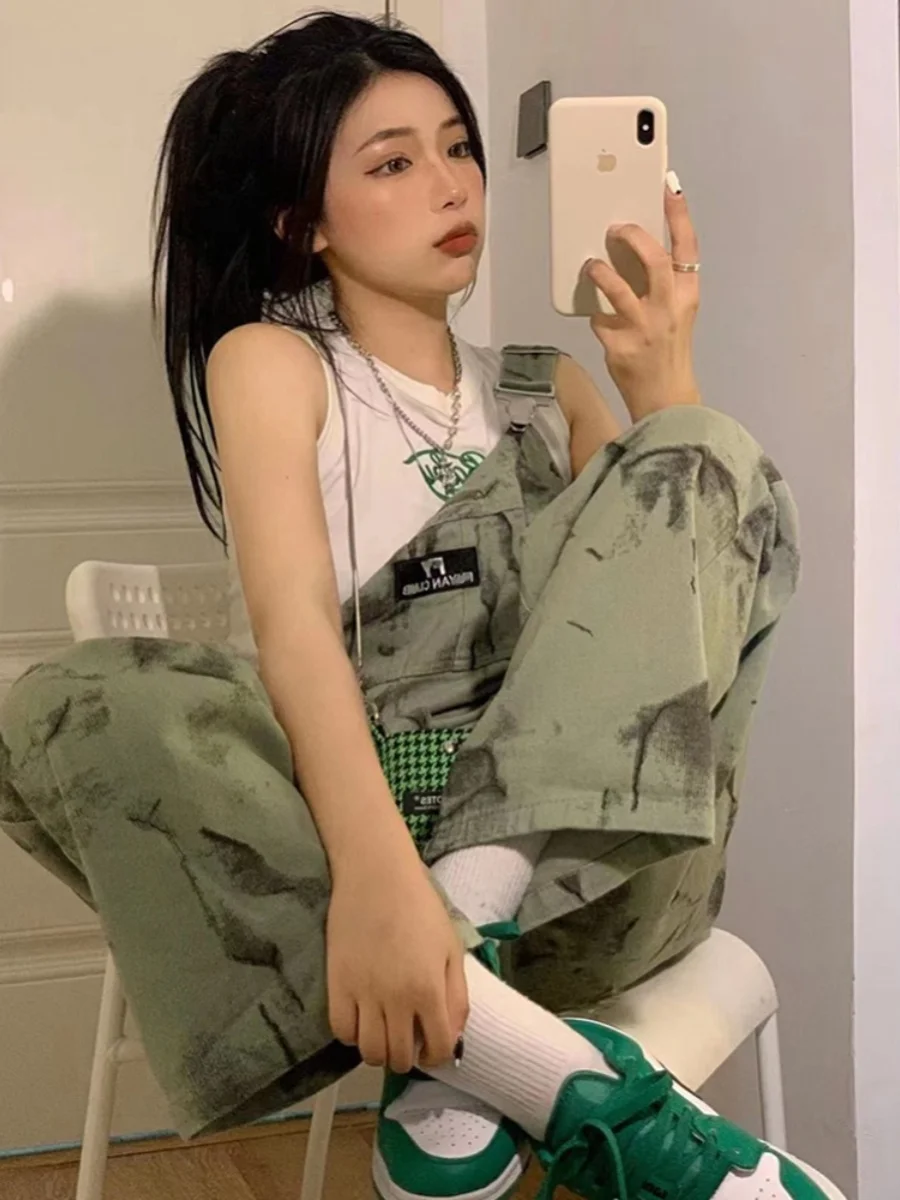 

Американские ретро-комбинезоны из денима с камуфляжным принтом для женщин, летние, тонкие, с высокой талией, широкими штанинами, свободные, рабочие, прямые, длинные брюки