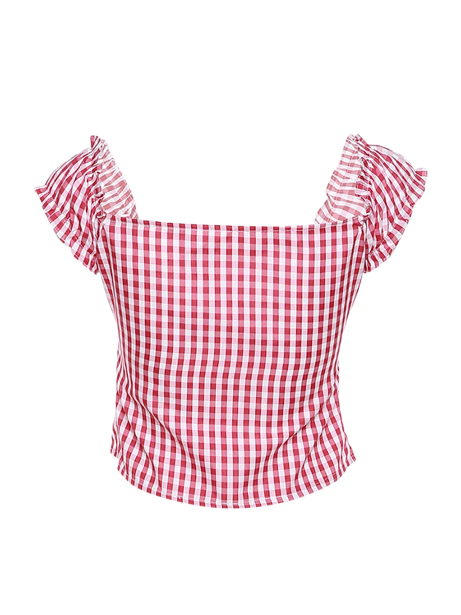 Women Cute Tie Front Plaid Crop Tank Tops Square Neck Tie Up Gingham Camisole Tops Summer Backless Cropped Vest