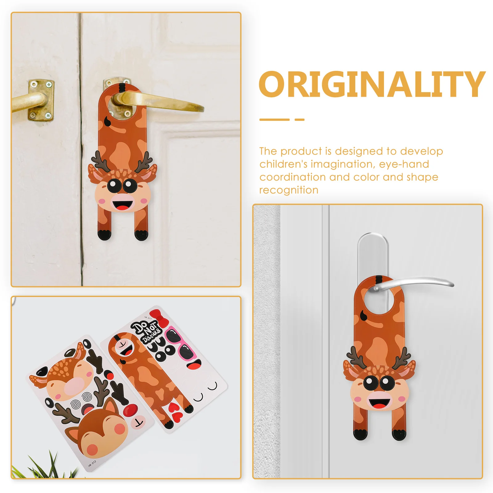 2Pcs Deer Animal-Shaped Door Knob Signs Cartoon Style DIY Kids Door Hanging Signs for Imagination Coordination and Home