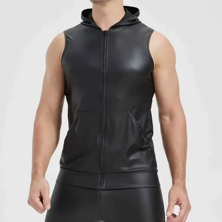 

Sexy Black Elastic Leather Suits Men's Muscle DS Costumes Nightclub Bar Singer GOGO Dancewear