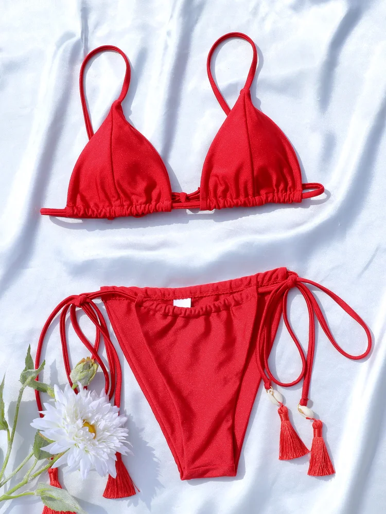 

Сексуальный красный купальник-бикини с треугольными чашечками, пляжный комплект из двух частей, 2026, однотонный, с низкой талией