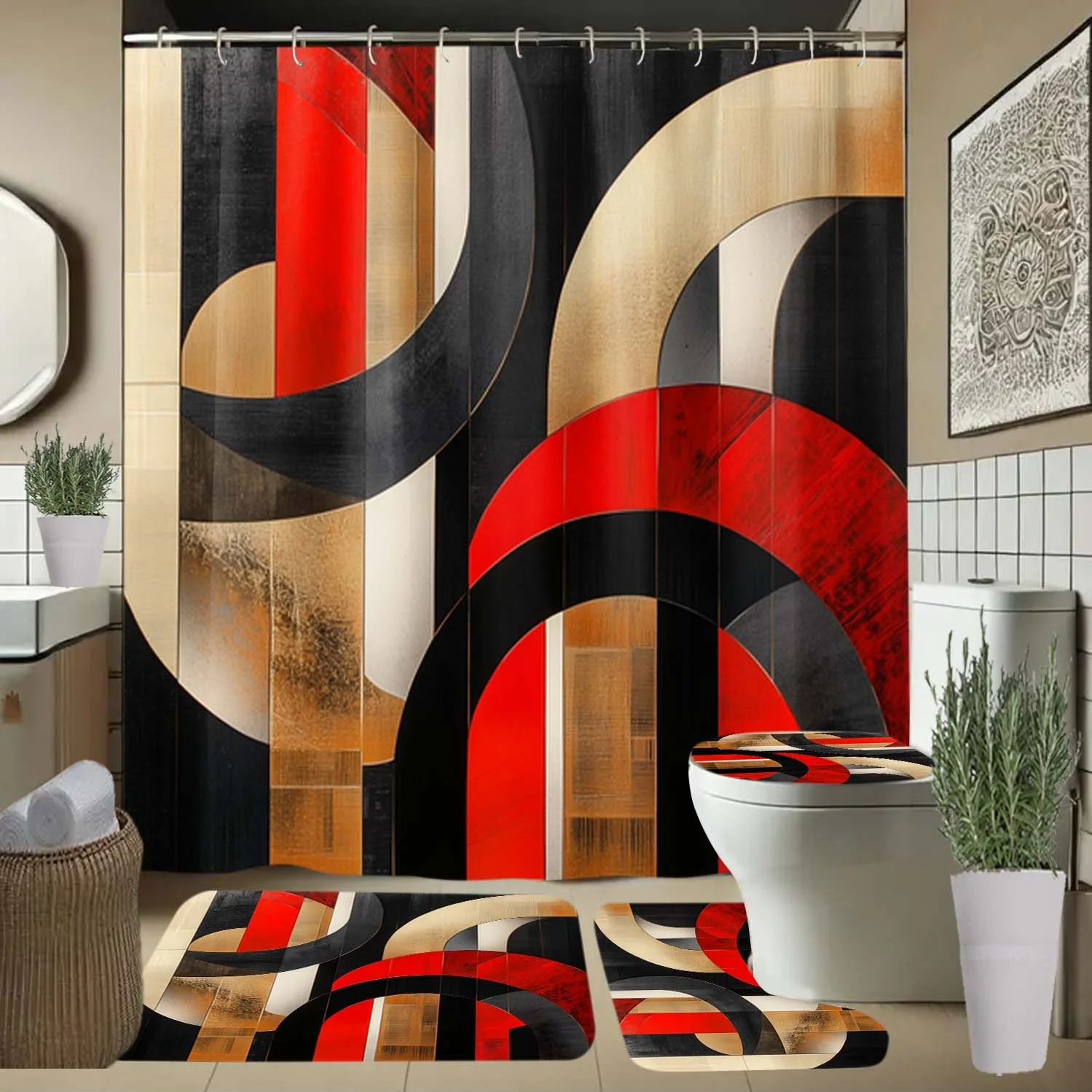 

4pcs Modern Abstract Geometric Shower Curtain with Hooks - Bold Red Black Golden Beige Design, Durable Polyester Fabric