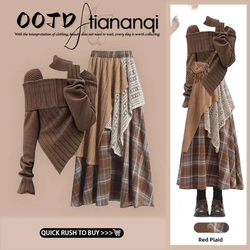 ชุดเซ็ตเสื้อสเวตเตอร์ถักและกระโปรงลายสก็อตสำหรับผู้หญิง ดีไซน์เก๋ไก๋ สวยหรู ดูดีมีสไตล์