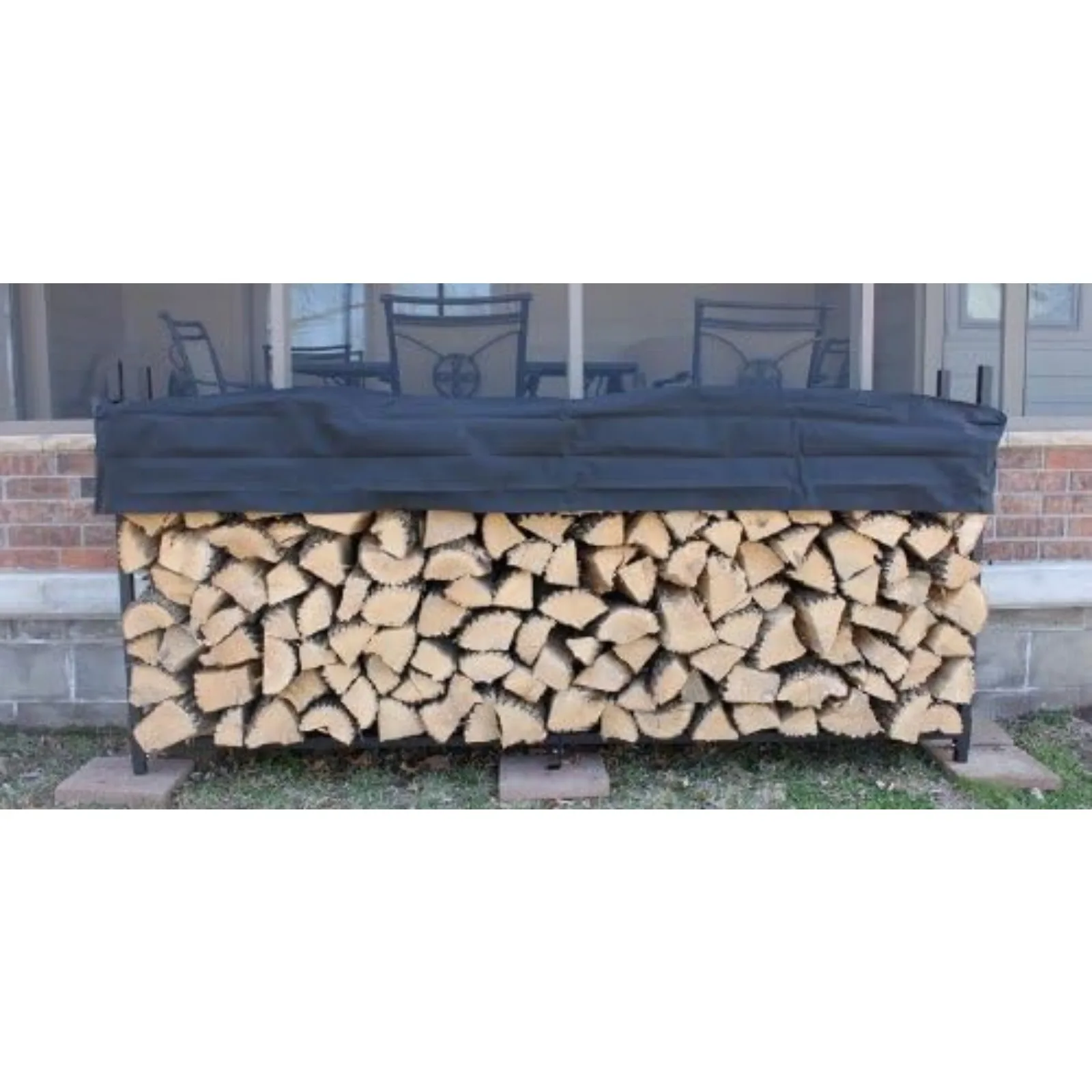 US Pioneer 8' Firewood Rack with Cover - Black - Steel Outdoor Log Holder With Cover - Great For Short