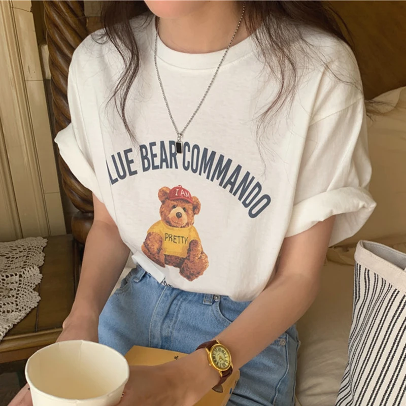 Chic Summer Children's Fun Youthful Round Ne Overhead Allentato Versatile Orso Cartoon Letter Print Or Sve T-shirt