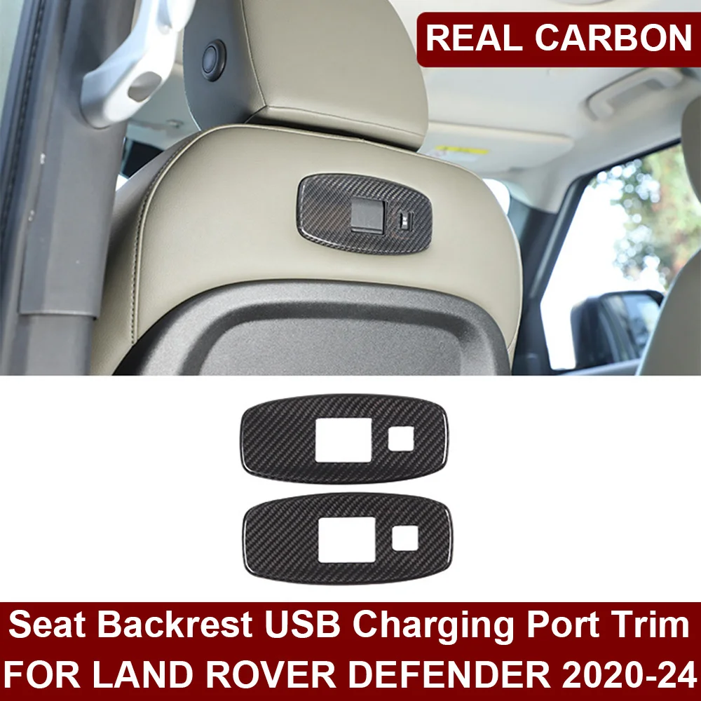 Car Real Dry Carbon Fiber Interior Seat Backrest USB Charging Port Cover Trim Sticker Decoration For Land Rover Defender 2020-24