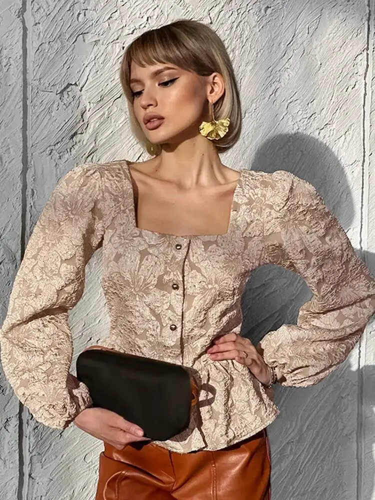 Jacquard Shirts Women Square Neck Puffy Long Sleeves Single Breasted Ruffles Blouse Female 2026 New Chic Fashion Shirts Lady