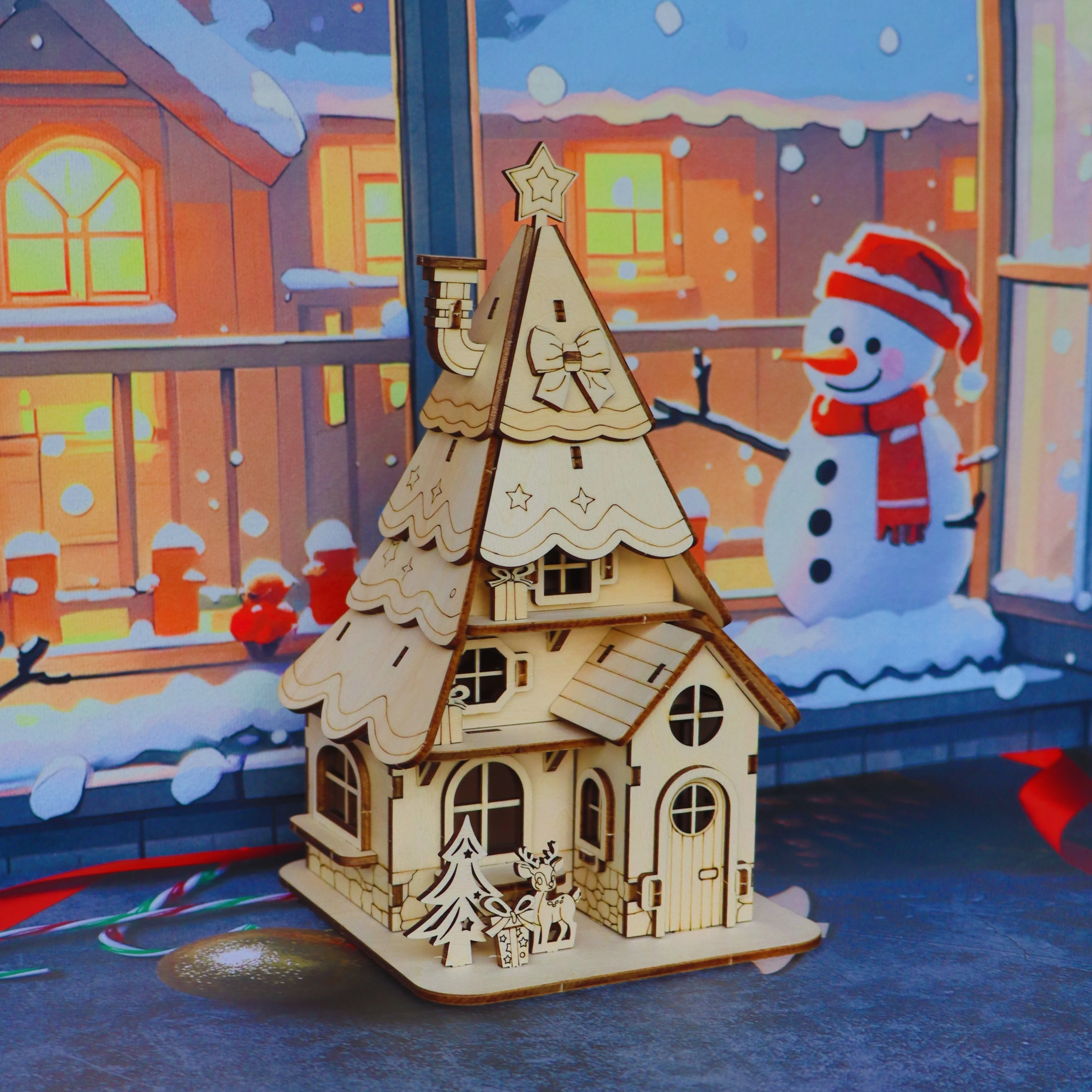 Casa di Natale con puzzle in legno, modello di simulazione stereo 3D, decorazione natalizia da fiaba, giocattolo compagno genitore-figlio, fatto a mano