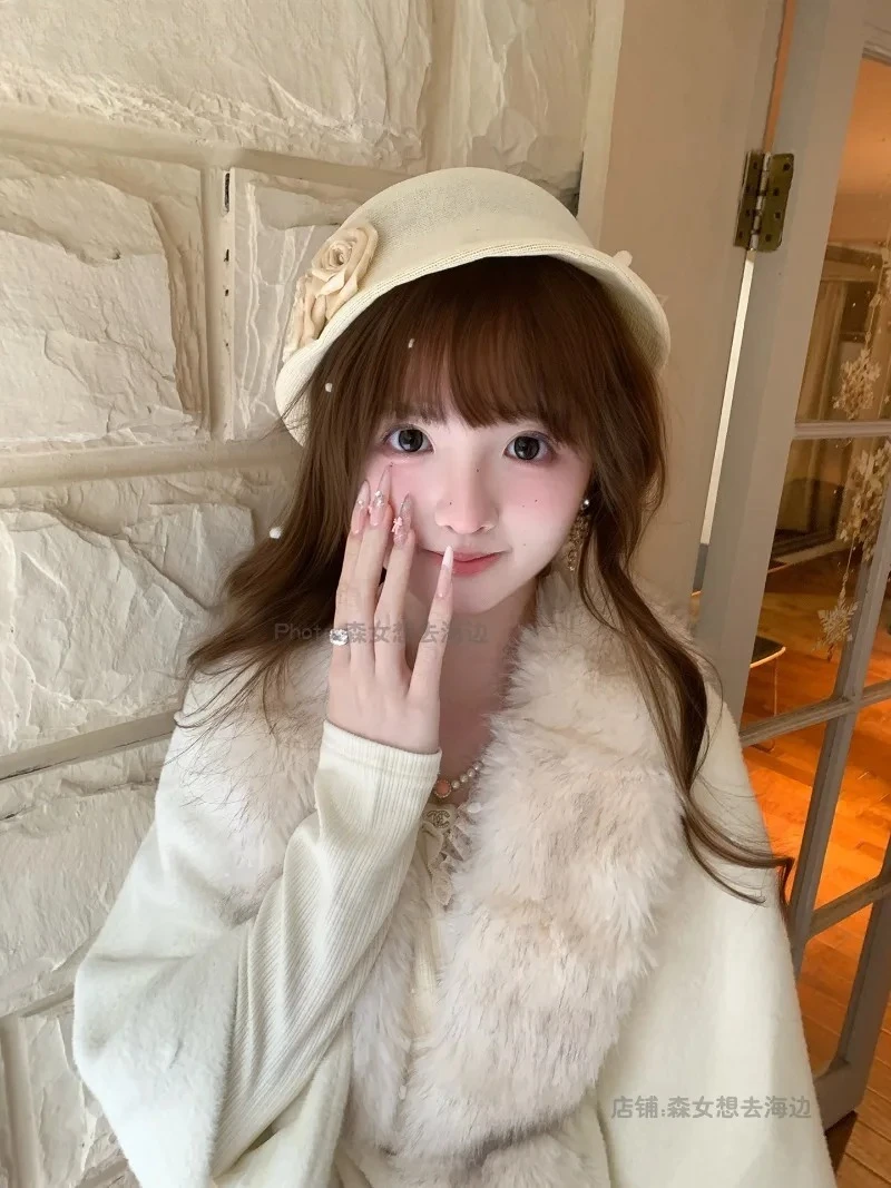 Autumn Winter New Original Beige Faux Fur Collar Cape Coat Sweet Cute Girls Versatile Solid Color Tie Short Shawl Jacket