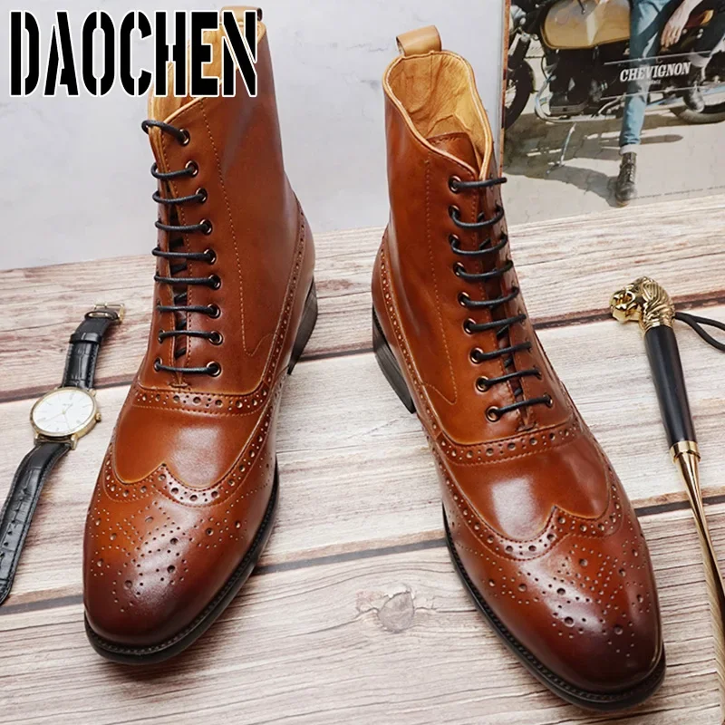 2023 Winter Men's Boots Shoes Genuine Leather Mid-Calf High Top Lace Up Men Dress Shoes Black Brown Basic Boots for men