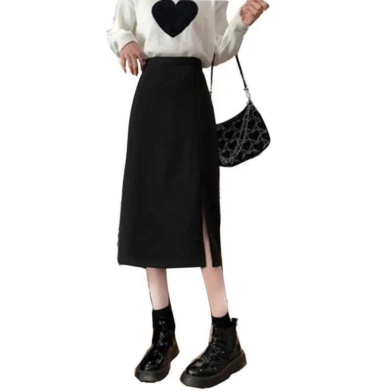 2024 New High-waisted A- line Slim Design Side Slit Skirt For Women Spring Summer Autumn Black Preppy Style Pleated Skirts