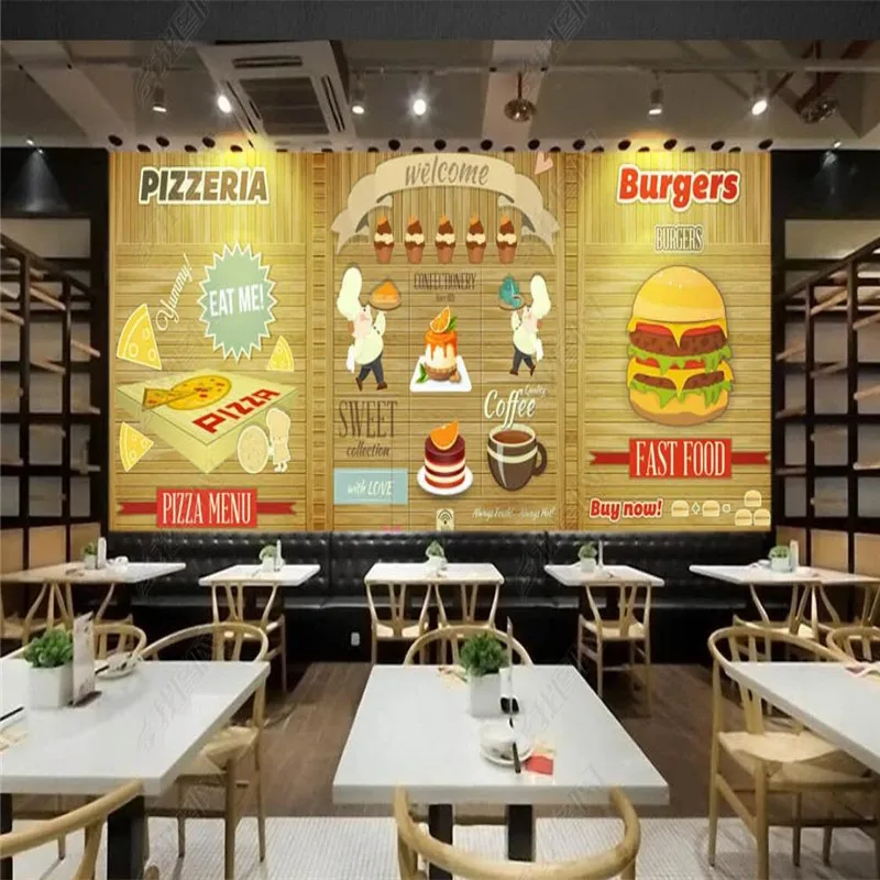 Custom Size Hand-paint Burger Pizza Wood Board Fast Food 3D Wall Paper Restaurant Industrial Decor Mural Self-adhesive Wallpaper