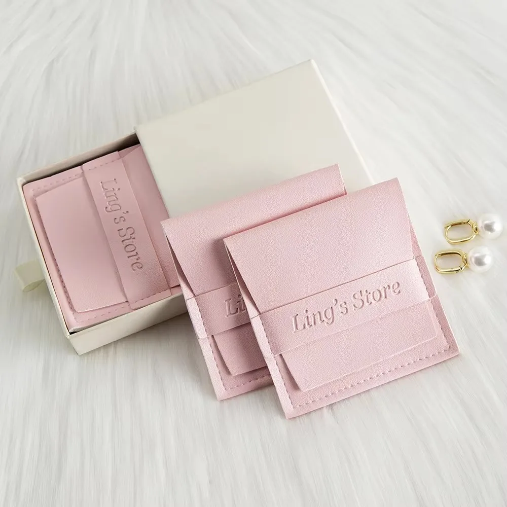 

50/100Pcs Light Pink Leather Jewelry Bag Rings Earrings Bracelet Storage Organizer Blush Eye Shadow Cosmetic Handmade Pouches