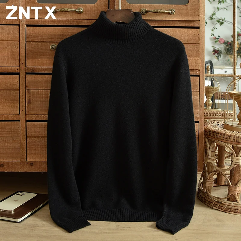 New winter must-have thickened pure cashmere sweater men's turtleneck solid color casual pullover warm lapel sweater sales