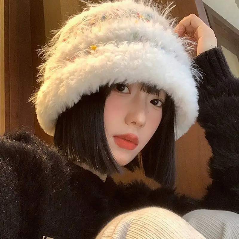 

Large Head Circumference Bucket Hat for Women - Fall Winter Colorful Candy Bean Fuzzy Face-Flattering Versatile Knitted Hat