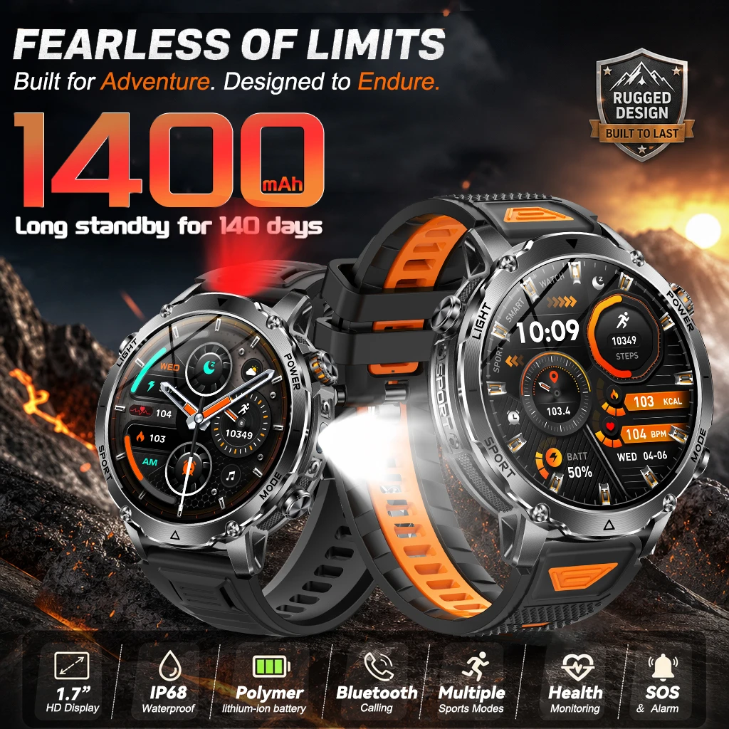 Montre connectée militaire ultra-résistante avec batterie 1400 mAh, écran HD 1,7 pouces, étanche IP68, lampe torche LED tactique, SOS, stroboscope, pour le sport en extérieur, livraison rapide en UE
