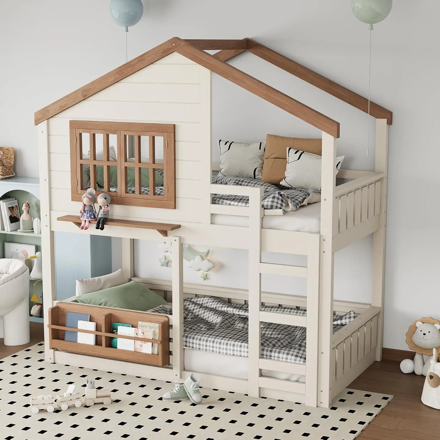 Twin House Bunk Bed Window Roof Bookshelf Wood Frame Ladder Guardrail Kids Playhouse Space Saver, Customized