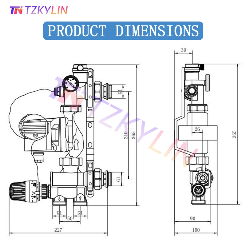 DN25 Thermostatic Pump Mixer Blender - Water Pump Blender for Underfloor Heating Manifold, Hydronic Mixing System Center