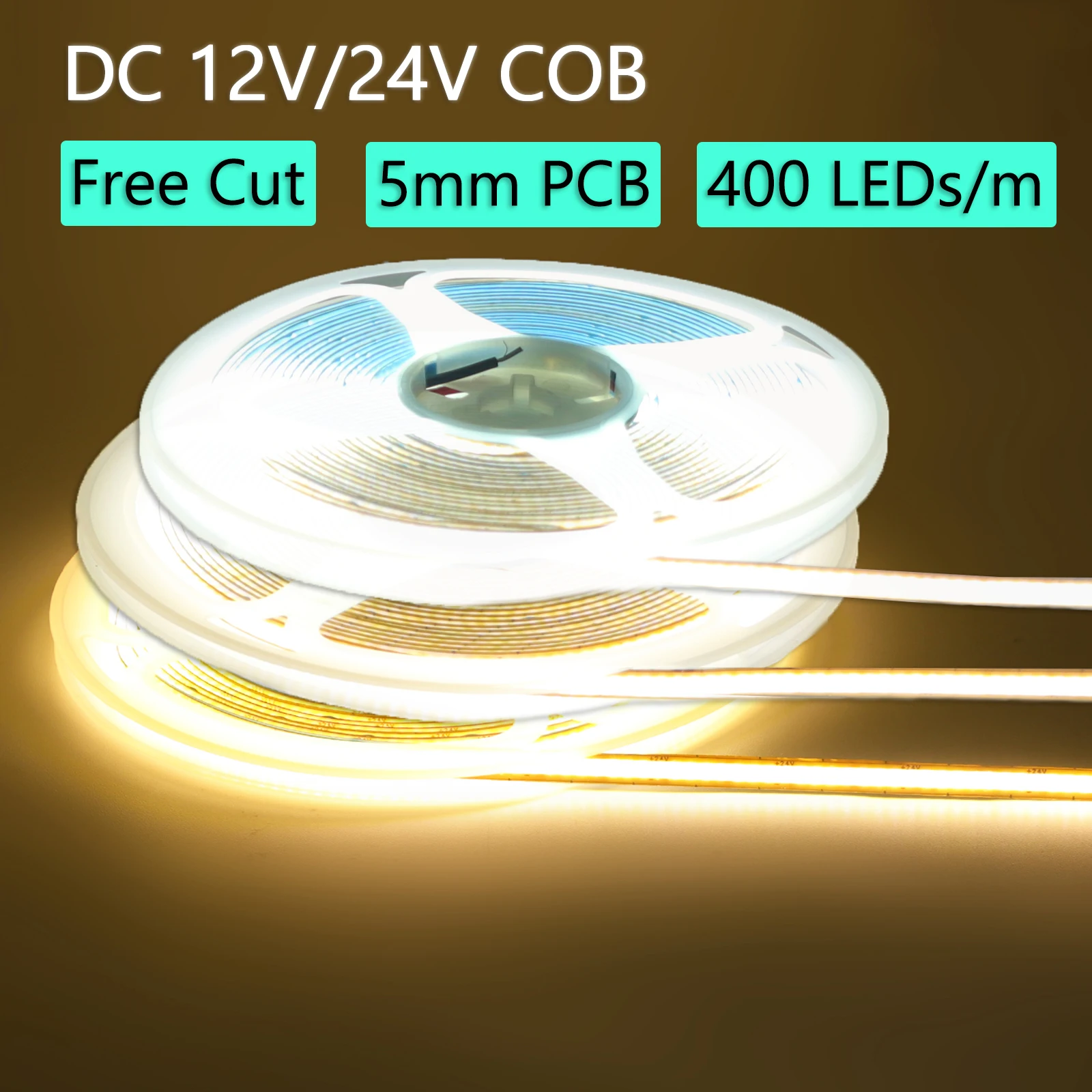 

Super Thin 5mm 12V 24V COB LED Strip Free Cut 400LEDs/m High Density Warm Natural White Linear Lighting Flexible Tape Room Decor