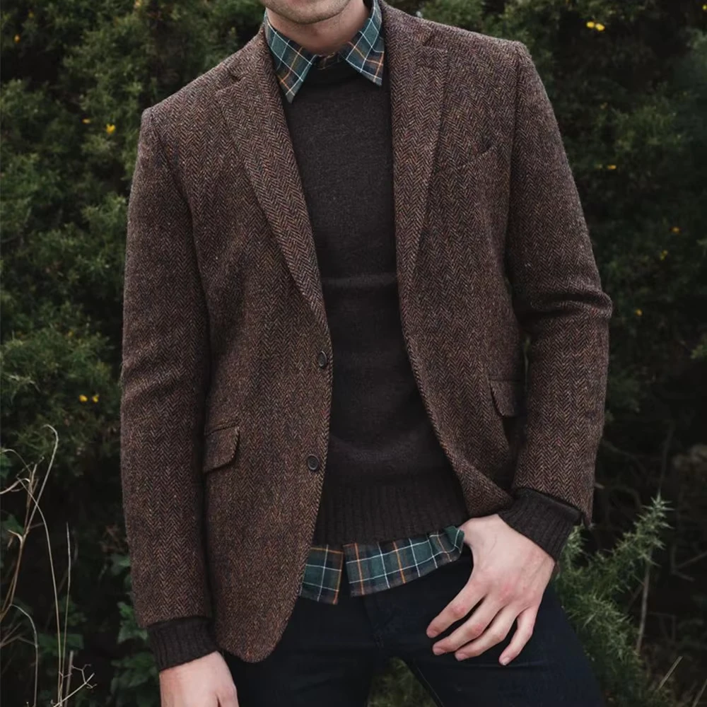 

Herringbone Men's Slim Fit Jacket Tapered Wool Blend Suit Single Breasted Casual Blazer Fashion Comfort Business Sport Coats