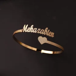 Personalized Custom Frosted Name Bracelet With Heart Adjustable Stainless Steel Open Love Bangle Jewelry Gift For Lover