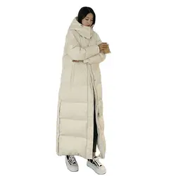 Abrigo con capucha de plumón de pato cálido y grueso y largo para mujer, ropa de nieve de talla grande, abrigo de invierno impermeable hasta el tobillo con capucha