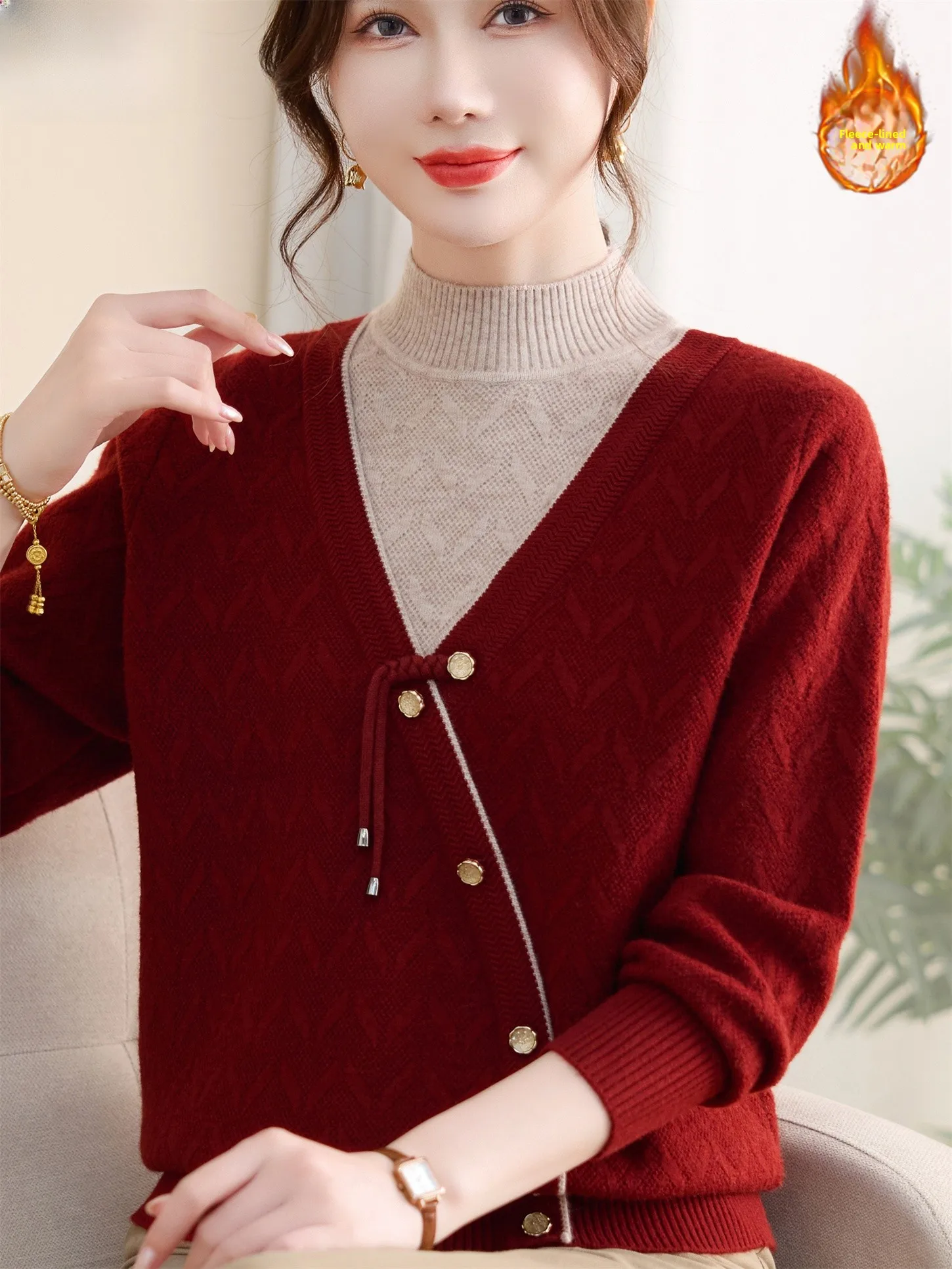 

Теплый вязаный свитер на подкладке с высоким воротником, свободная основа для женщин, осенне-зимний модный женский свитер