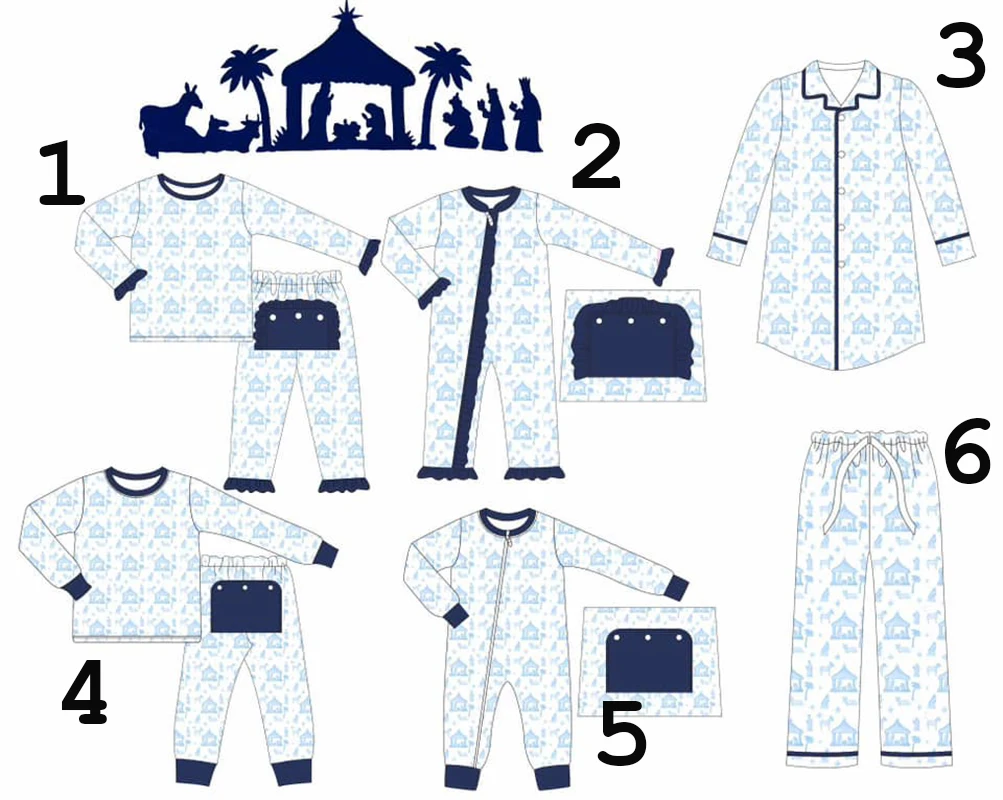 

Wholesale Baby Autumn Clothing Blue House Print Children Adult Matching Set Toddler Onesie Pajama Set